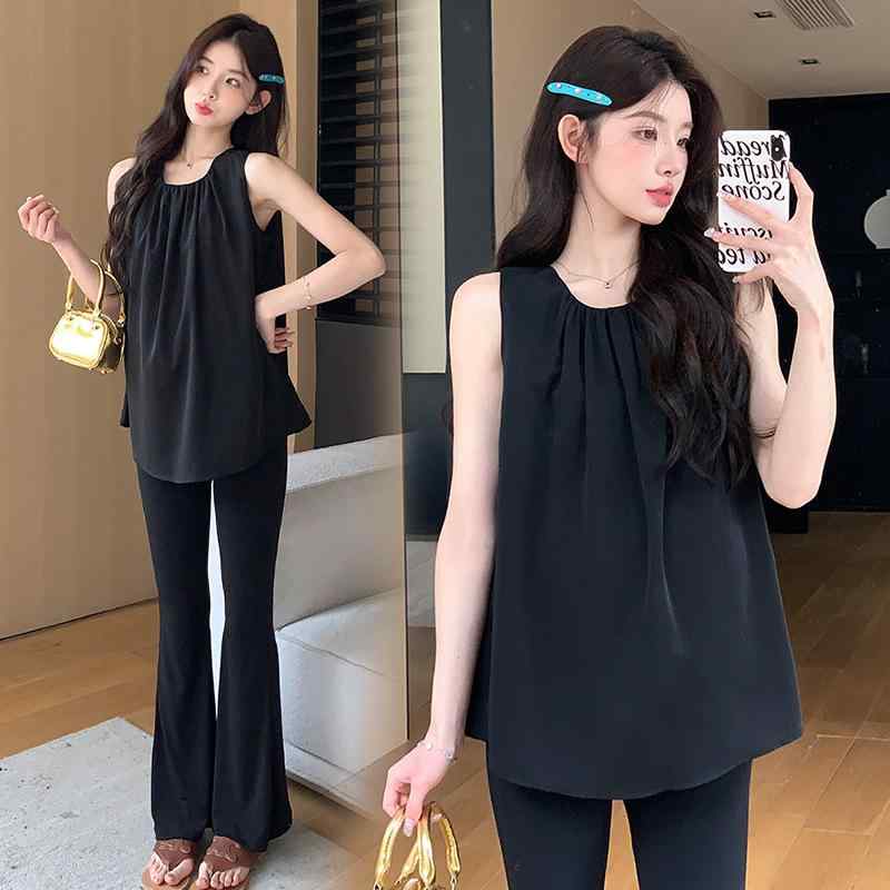 マタニティ セットアップ ノースリーブ トップス ＆ ベルボトム パンツ 妊婦服 ポリエステル ゆったり ..