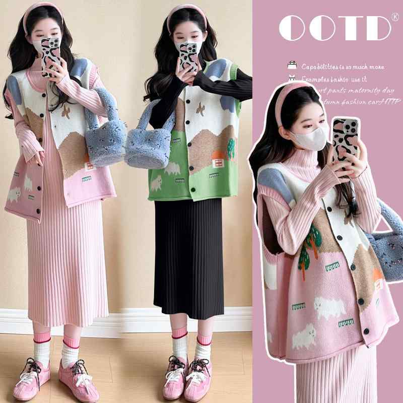 ワンピース レディース マタニティ 韓国風 ニット ベスト セットアップ 授乳服 妊婦服 産前 産後 かわ..