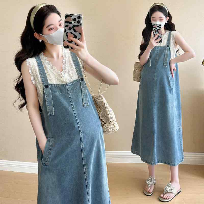マタニティウェア レディース デニム サロペット スカート レース キャミソール 2点セット 妊婦服 授乳服 コットン 杏色 ブルー 春夏