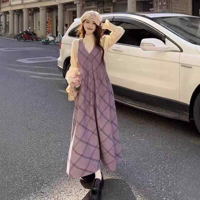 マタニティウェア 秋冬 チェック柄 Vネック ニットベスト ワンピース ＋ トップス 2点 セット 妊婦 プ..