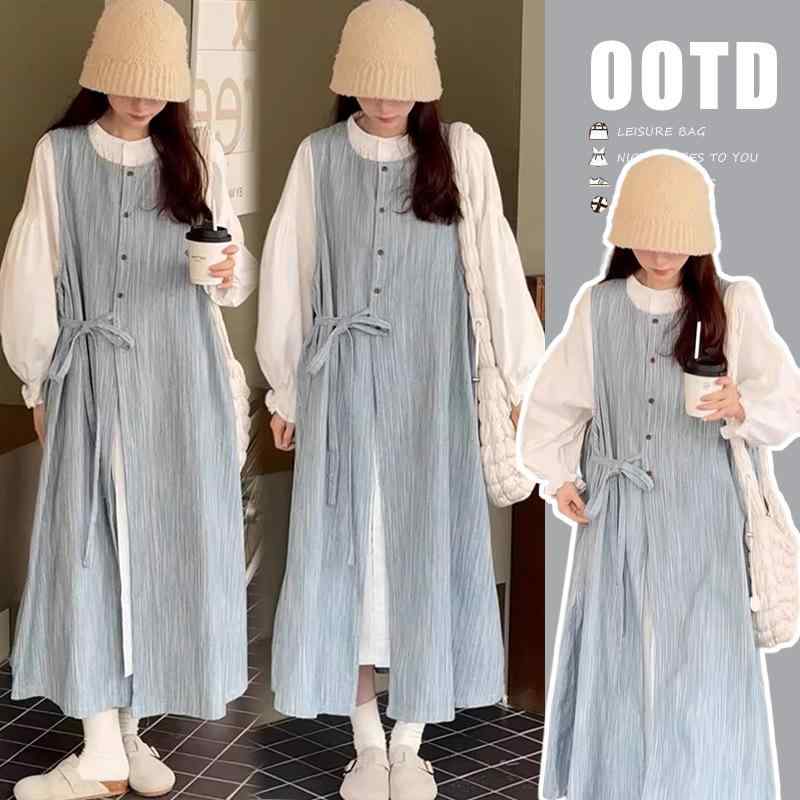 マタニティ ワンピース レディース 春物 長袖シャツ デニム ベスト 2点セット 授乳服 産前 産後 ゆったり かわいい 体系カバー