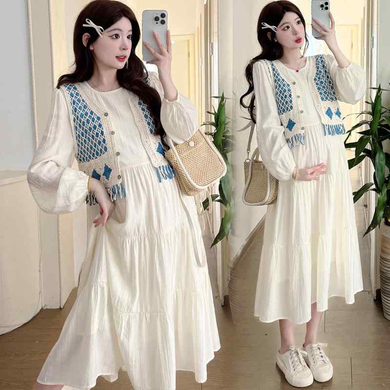 マタニティワンピース 春秋 セットアップ Aライン 膝丈 ストライプ 格子柄 長袖 コットン 授乳服 レイ..