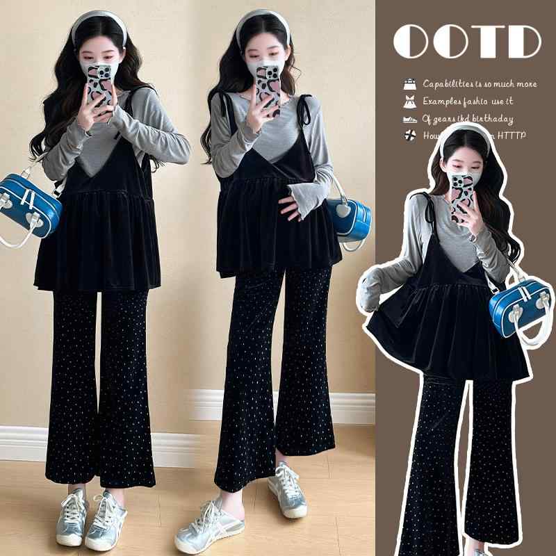 マタニティウェア 秋冬 セットアップ キャミソール トップス ベルベット フレアパンツ মিষ্টি ファッシ..