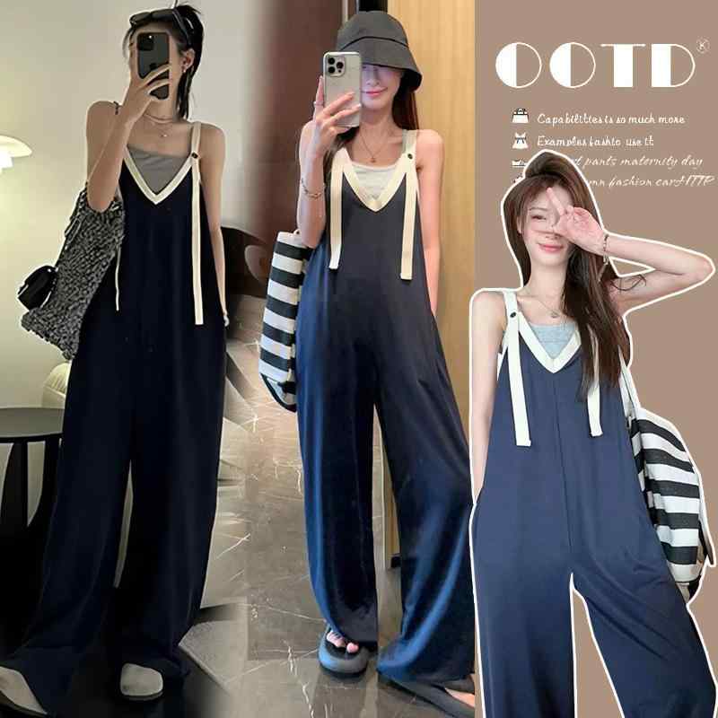 マタニティ レディース サロペット セットアップ 春夏 薄手 妊婦 ズボン トップス 長袖 綿 紺 グレー M..