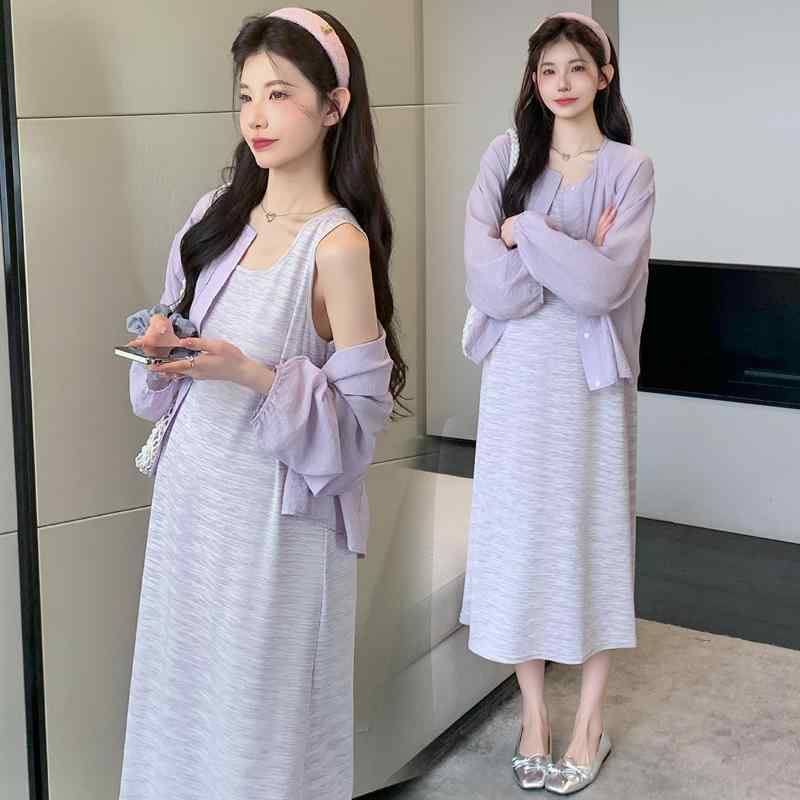 マタニティ ワンピース セットアップ ノースリーブ チュニック ＋ 長袖 シャツ 妊婦服 ゆったり 涼しい..