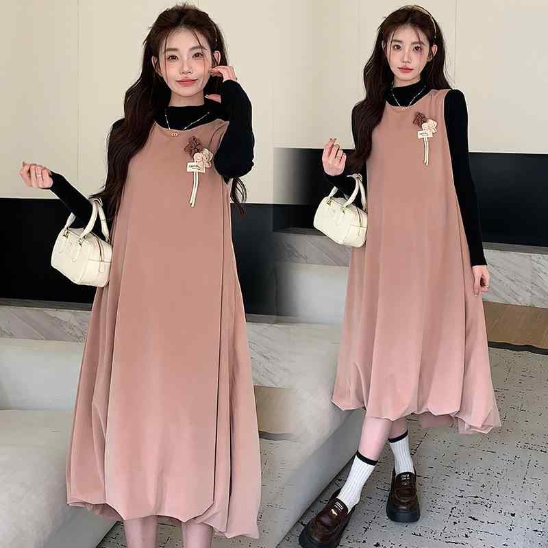 マタニティワンピース セットアップ 秋冬 長袖トップス 花柄 ノースリーブワンピース 妊婦服 ゆったり ..