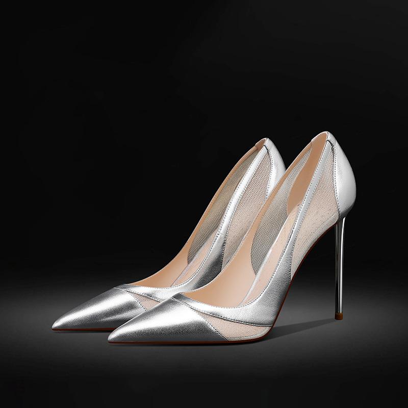 パンプス レディース ポインテッドトゥ メッシュ シルバー 銀色 ハイヒール ピンヒール 6cm 8cm 10cm 浅履き 無地 スリッポン パーティー 通勤 ...