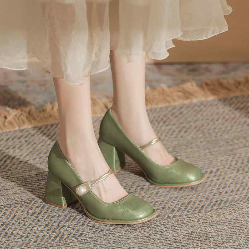 パンプス レディース マリー ジェーン シューズ スクエアトゥ チャンキーヒール ハイヒール 無地 スリップオン 超繊維 婦人靴 ミドルヒール 太ヒール フォー...