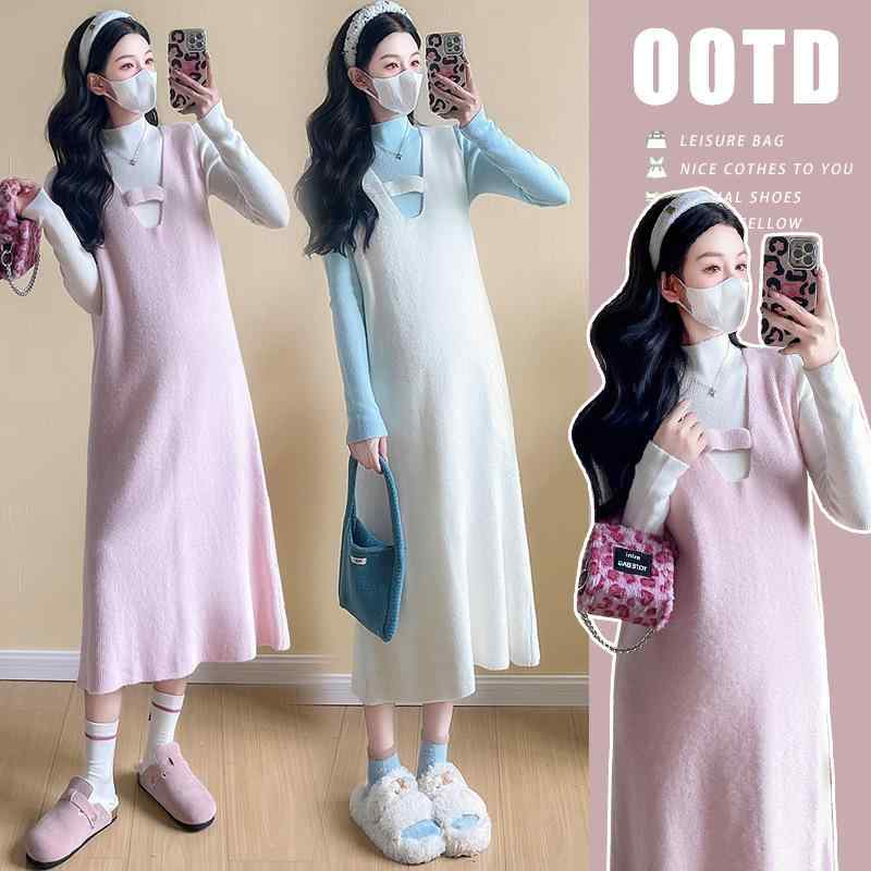 マタニティワンピース 秋冬 背心 ワンピース 2点 セット 妊婦服 ゆったり 長袖 膝丈 ミディアム丈 授乳..