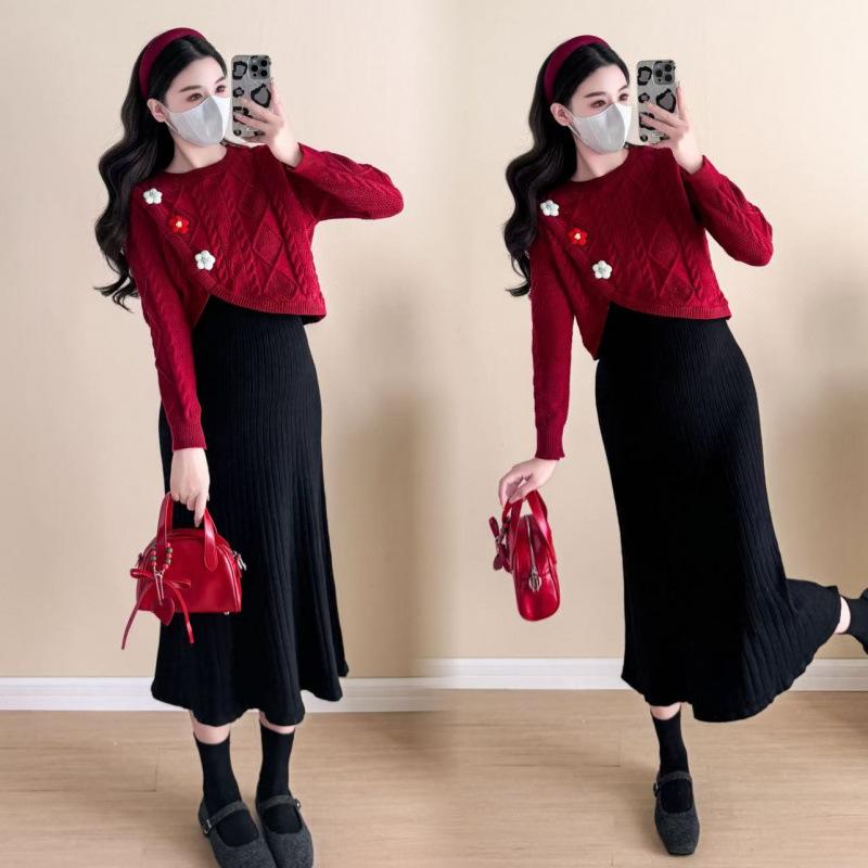 マタニティ ニット セットアップ レディース 秋冬 韓国風 チュニック セーター ＋ ジャンパースカート ..