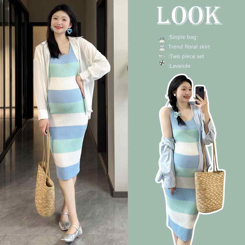 マタニティウェア レディース ニット ベスト ワンピース セットアップ ストライプ柄 妊婦服 チュニック..