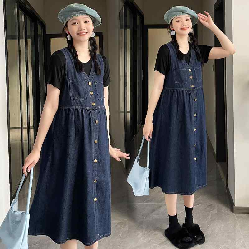 マタニティワンピース デニム ジャンパースカート 授乳服 春秋 大きいサイズ Tシャツ付き 2点セット 産..