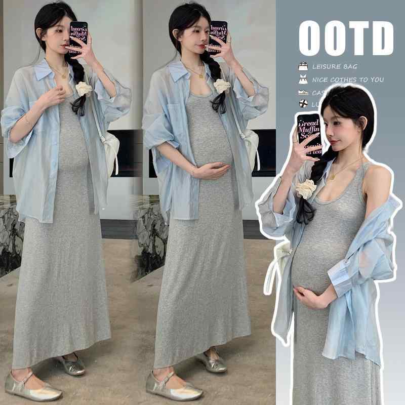 ワンピース レディース マタニティ 春夏 長袖 シャツ セットアップ 妊婦服 産前 産後 授乳服 灰色 ブル..
