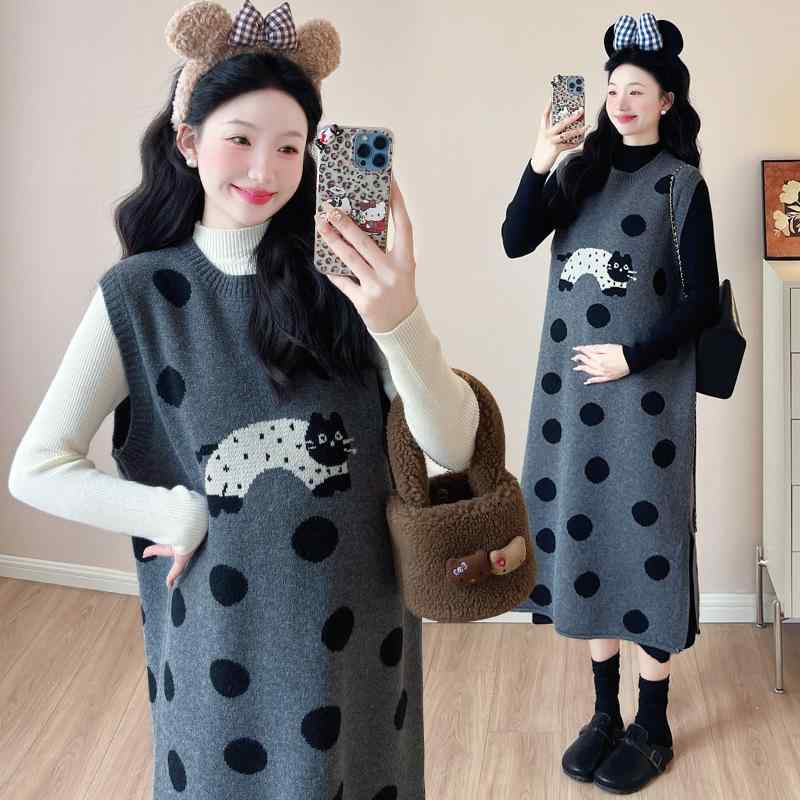 ワンピース レディース マタニティ 秋冬 ニット セットアップ 水玉柄 長袖 授乳服：無 チュニック ロン..