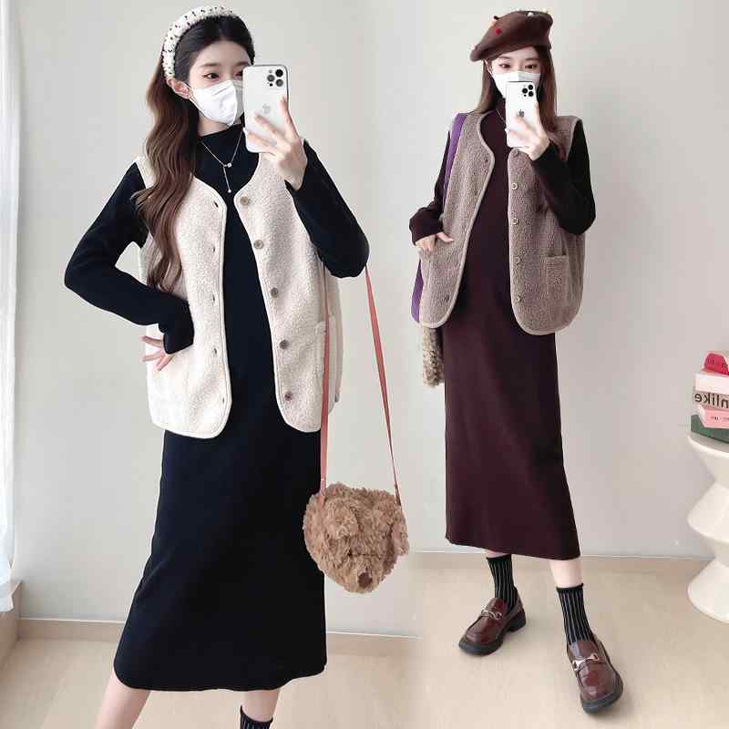 ワンピース レディース 秋冬 ニット マタニティ 授乳服 長袖 ロング丈 無地 カフェ色 杏色 黒 ポケット..