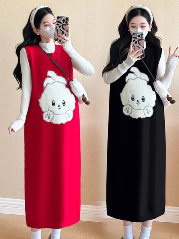 ワンピース レディース 秋冬 長袖 膝丈 ニット セットアップ マタニティウェア 赤色 黒色 マタニティ ..