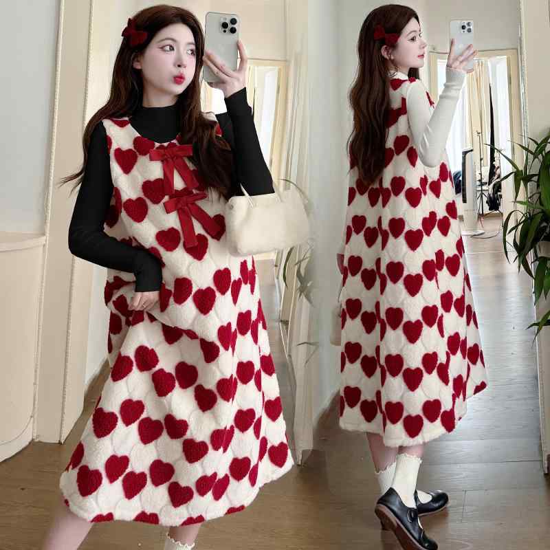 ワンピース レディース 秋冬 韓国風 かわいい 愛心 羊毛 ベスト 厚手 2点セット 長袖 ニット トップス ..