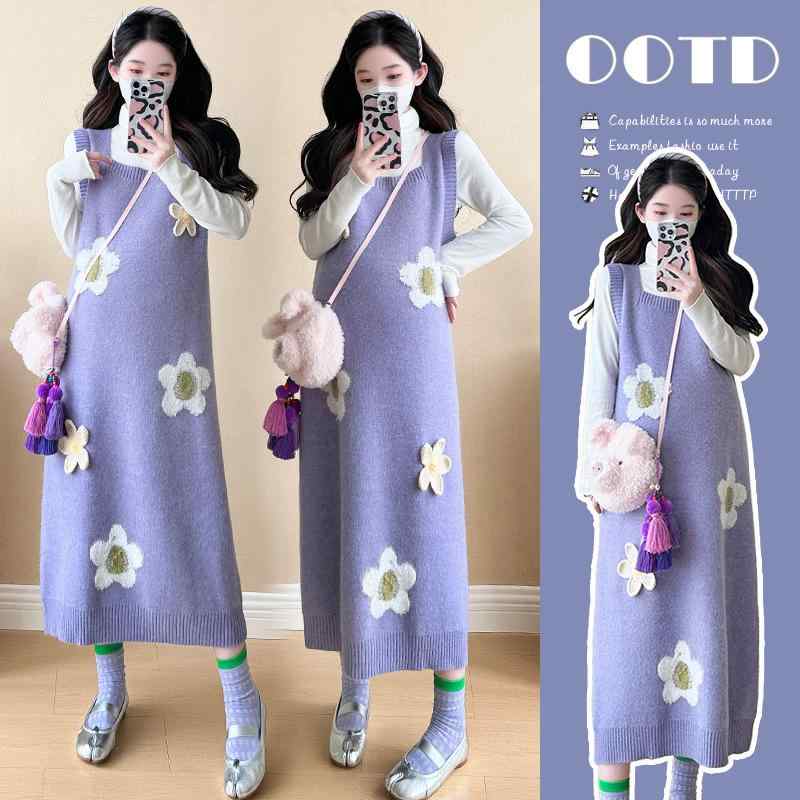 ワンピース レディース マタニティ 長袖 花柄 膝丈 ニット セットアップ 春秋 妊婦服 授乳服 パープル ..