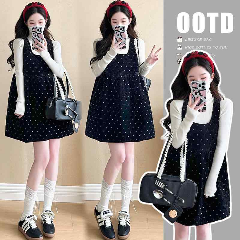 ワンピース レディース マタニティ 秋冬 小柄 かわいい ドット柄 ベルベット サロペット ジャンパースカート 授乳服 産前 産後 長袖 トップス セットアップ ブラック 黒 ミモレ丈 ゆったり Aライン