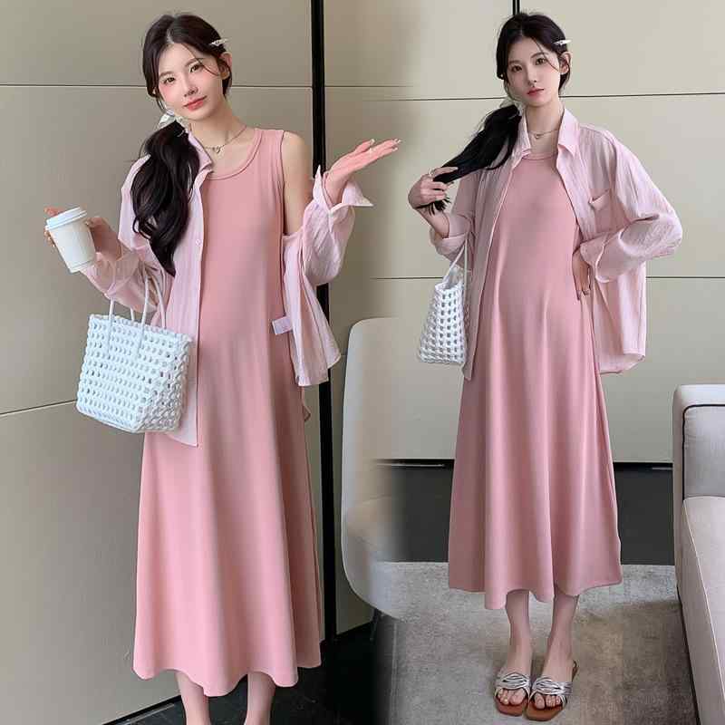 ワンピース レディース 妊婦 プレママ マタニティ 春夏 セットアップ 綿 ピンク系 シャツ Aライン ゆっ..