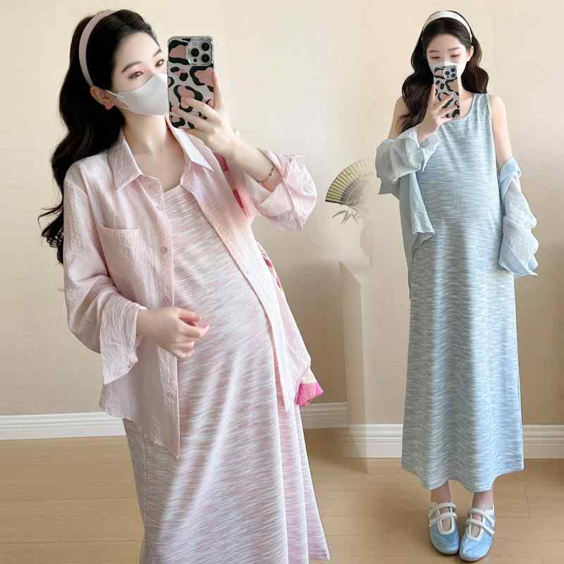 ワンピース レディース 妊婦 春夏 接触冷感 混紡 3分袖 Tシャツ 吊りスカート セットアップ 膝丈 Aライ..