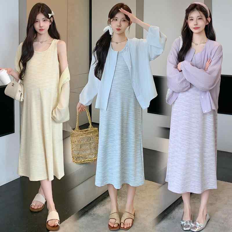 マタニティ ワンピース レディース 夏物 授乳服 セットアップ 絞り染め キャミソールワンピース 長袖シ..