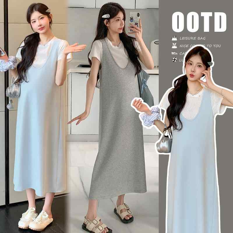 マタニティ ワンピース レディース 春夏 授乳服 2点セット Vネック コットン 膝丈 ミモレ丈 半袖 妊婦..