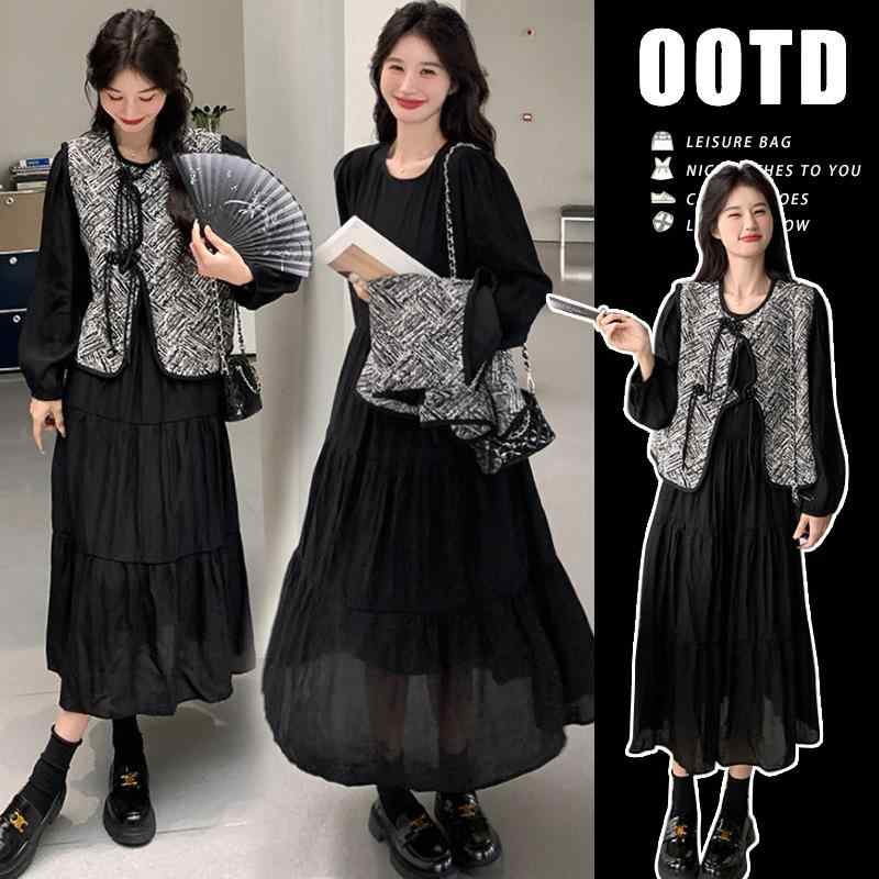 マタニティウェア 春物 セットアップ マタニティベスト ブラック ワンピース 2点セット 綿70% 長袖 授..