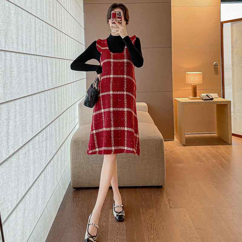 マタニティウェア 秋冬 格子柄 ニット ベスト ワンピース 2点セット 妊婦服 プレママ ゆったり 産前 産..