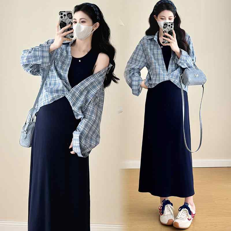 マタニティウェア レディース 春夏 格子柄 長袖 シャツ 授乳服 産前 産後 ロング丈 ワンピース 2点セッ..