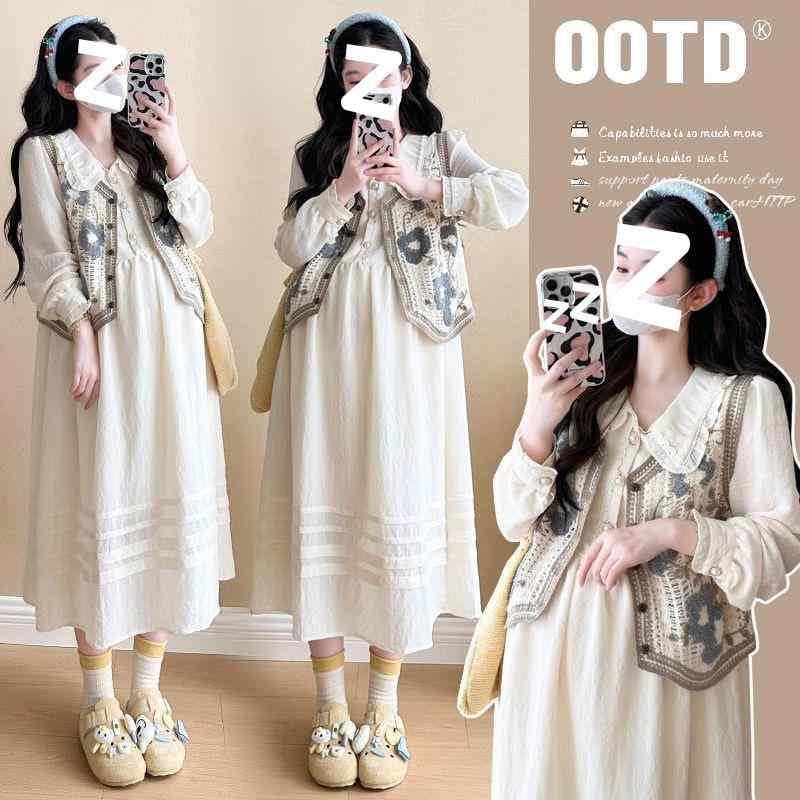 ワンピース レディース 春秋 韓国風 授乳服 妊婦服 ニットベスト シフォン 杏色 M L XL XXL ゆったり ..