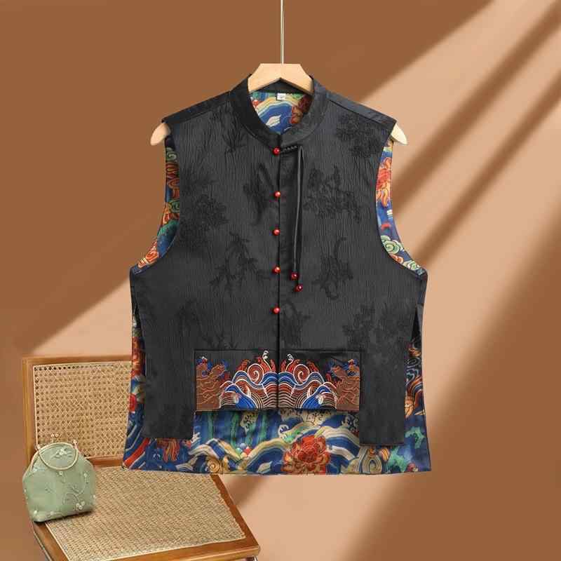 ベスト レディース ママ 中華風 レトロ 刺繍入り 両面着用 秋 アウター ポリエステル ブラック レッド ..