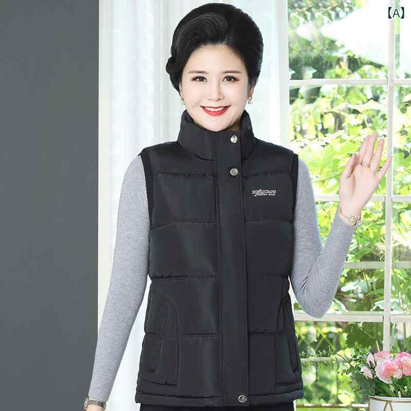 ベスト レディース ママ 中高年 秋冬 大きいサイズ ゆったり 羽毛入り チョッキ ポケット付き 黒 紫 赤..