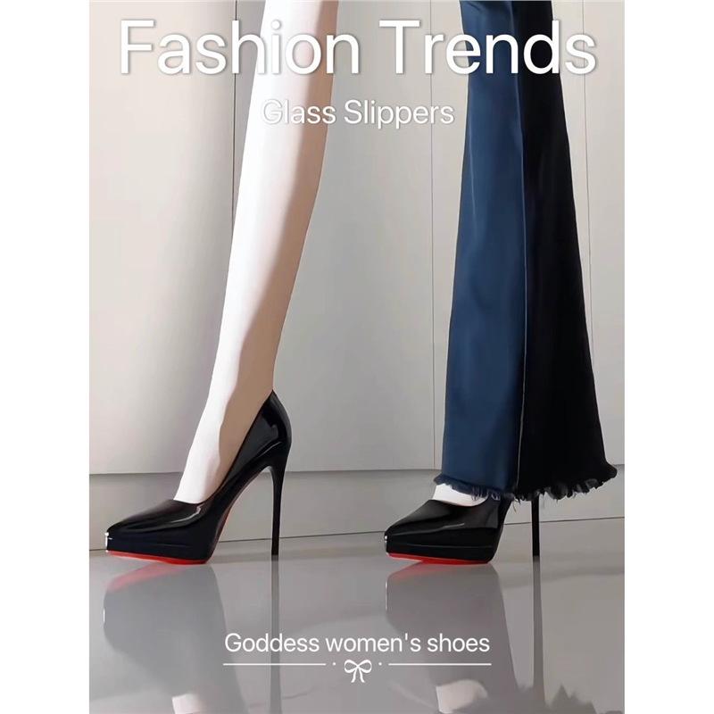 パンプス レディース 防水 厚底 ハイヒール ポインテッドトゥ ピンヒール エナメル 黒 ブラック フォーマル 春