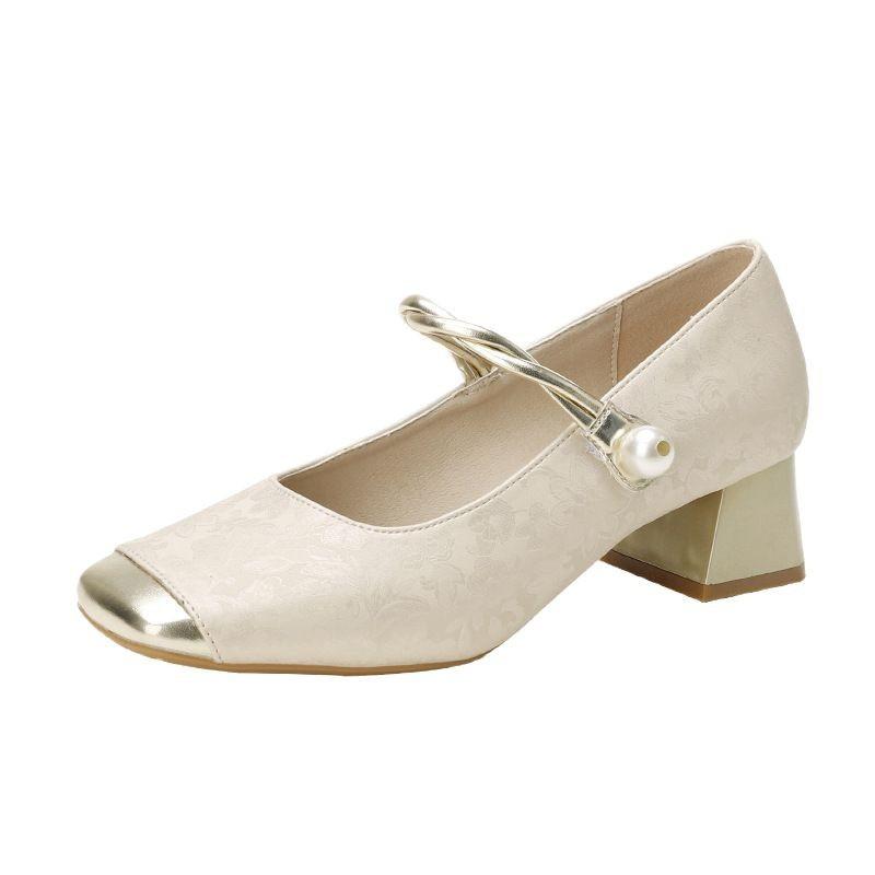 靴 レディース メリージェーン パンプス ストラップ 太めヒール チャンキーヒール ローヒール 合皮 フェイクレザー スクエアトゥ バイカラー 配色 春夏