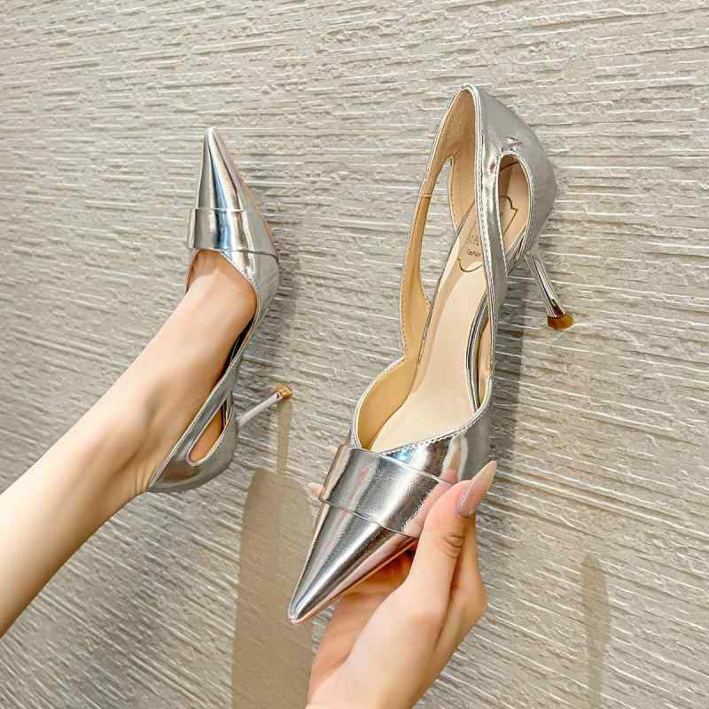 高跟シューズ レディース ポインテッドトゥ ピンヒール 超高ヒール 8.5cm 無地 スリッポン 超繊維 婦人..