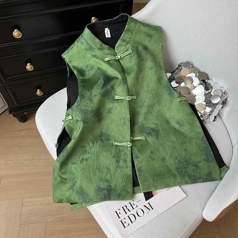 ベスト レディース エレガント 提花 ノースリーブ トップス 民族風 ママ 春夏 グリーン