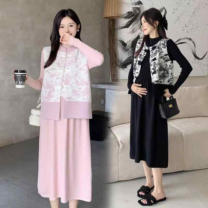 マタニティ ワンピース 秋冬 ニット セットアップ 高見え 妊婦服 授乳服 長袖 花柄 コットン ゆったり ..