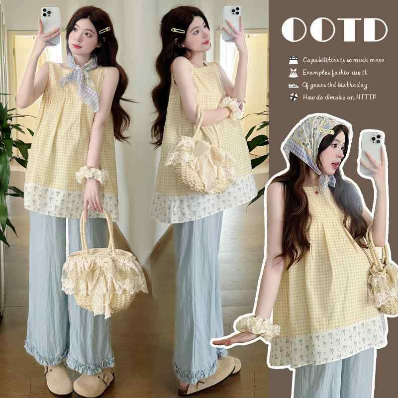 マタニティウェア レディース 春夏 ノースリーブ トップス チェック柄 パンツ セットアップ 授乳服 綿 ..