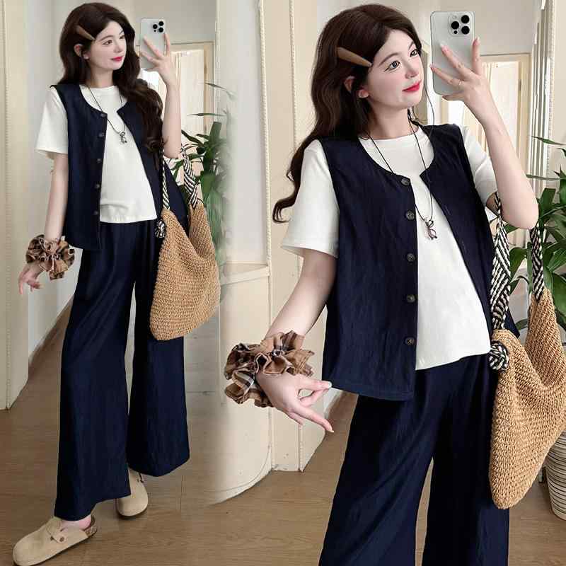 マタニティ レディース デニム セットアップ 春夏 妊婦 7分丈パンツ ノースリーブ トップス 3点セット ..