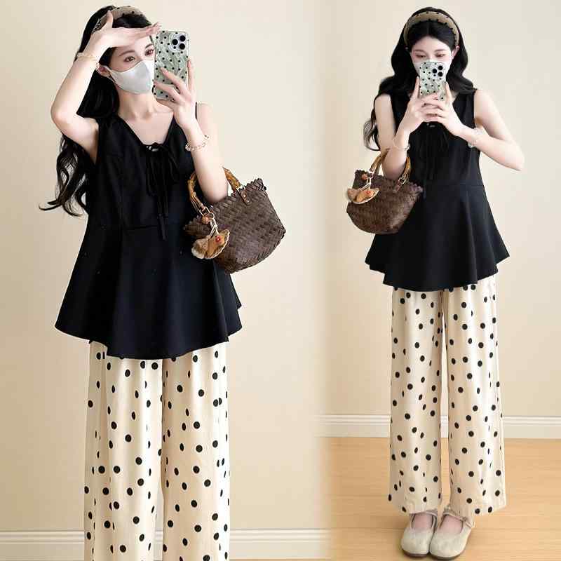 マタニティウェア 春夏 Vネック ノースリーブ トップス ワイドレッグパンツ 2点セット 綿麻混紡 ドット..