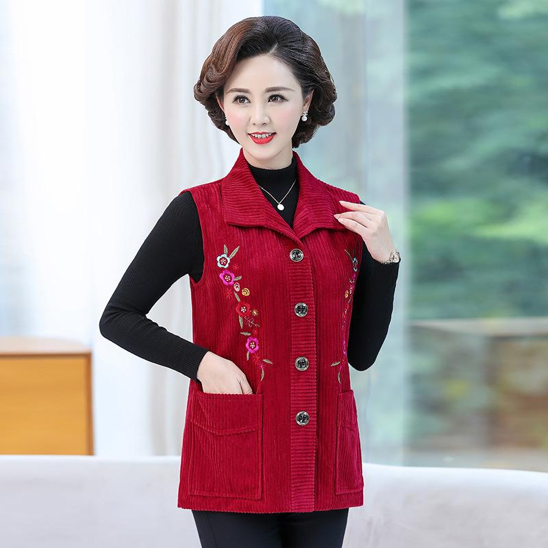 ベスト レディース 春秋 大きいサイズ 婦人服 コーデュロイ 刺繍 襟付き シニア 向け 普段使い 通勤用 ..