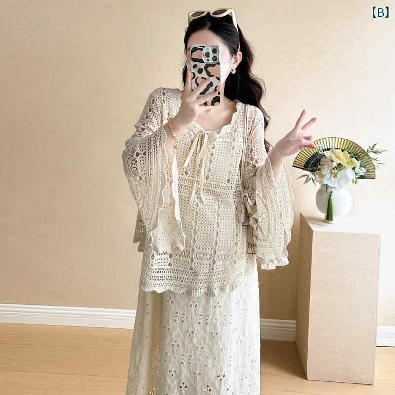 マタニティ ワンピース 春秋 レース 授乳服 セットアップ 妊婦服 かわいい おしゃ...