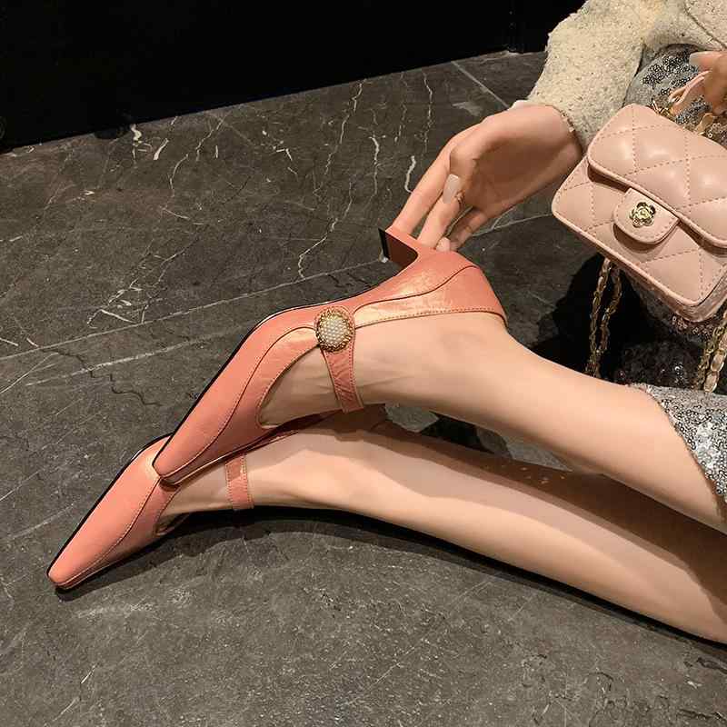 パンプス レディース 牛革 マリージェーン スクエアトゥ パール ビーズ ストラップ チャンキーヒール ハイヒール 6cm 7cm レザー 本革 かわいい おし...
