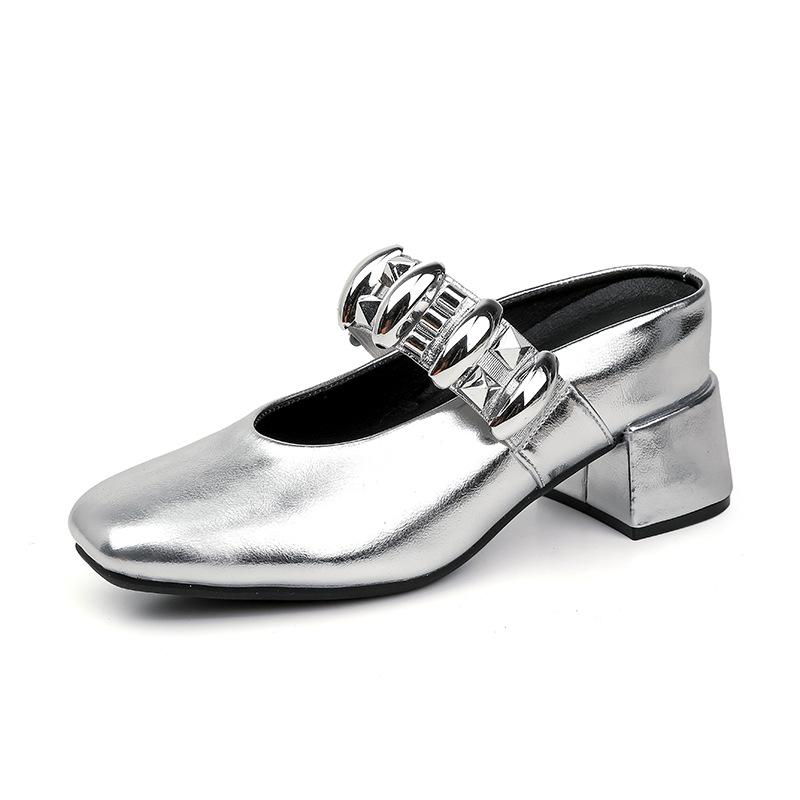 パンプス レディース 高めヒール 6cm 7cm 8cm シルバー 銀色 ブラック 黒色 ローマ風 婦人靴 マリージェーン スクエアトゥ スリッポン チャンキー...