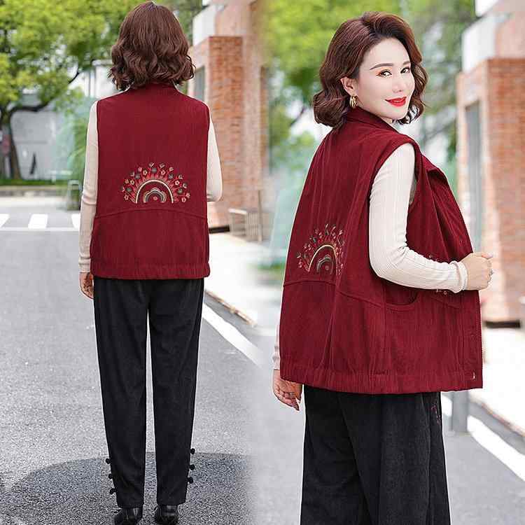 ベスト レディース ミセス コーデュロイ 大きいサイズ 50代 シニア 向け 前開き 刺繍 花柄 襟付き ポリ..