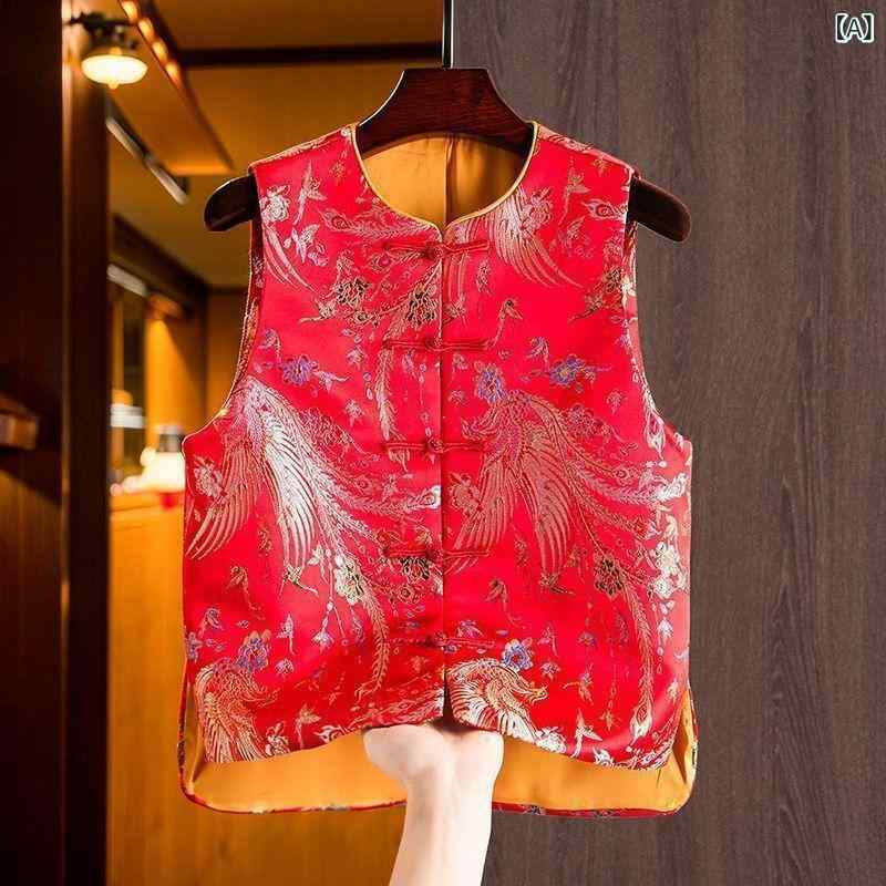 ベスト レディース ママ 立襟 ノースリーブ チョッキ ポリエステル レトロ 花柄 春 トップス 重ね着 古..