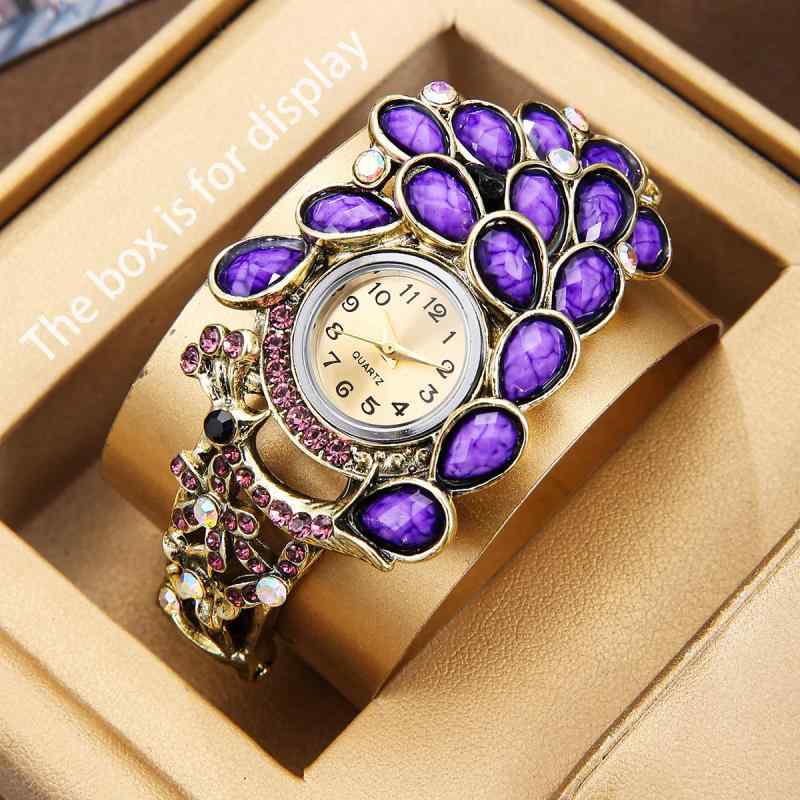 腕時計 レディース 孔雀モチーフ ジルコニア ブレスレット ウォッチ アナログ 合金 中国風 紫色 ブルー..