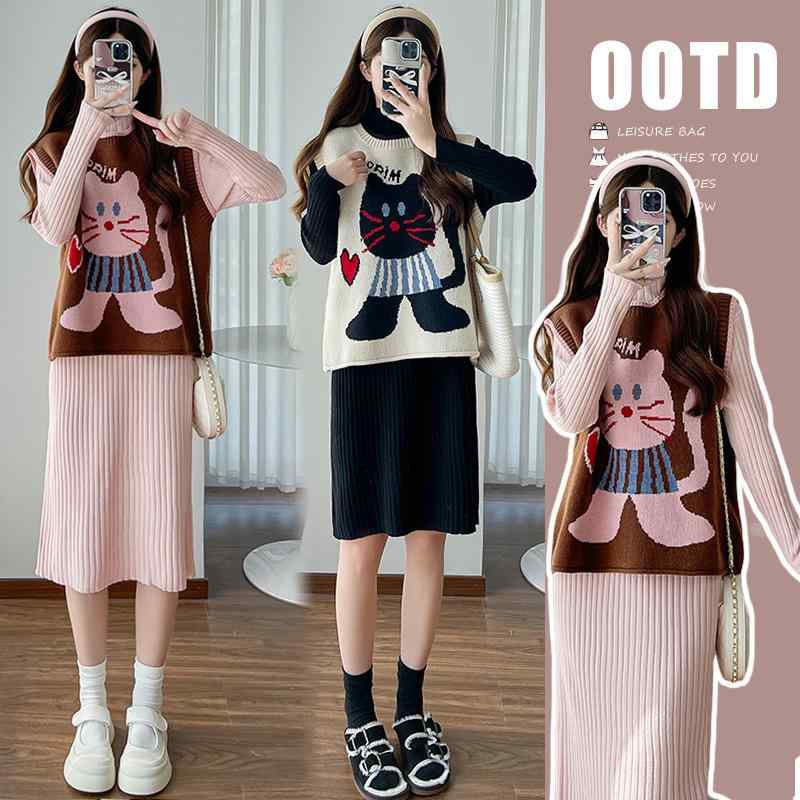 ワンピース レディース 秋冬 ニット ベスト 長袖 インナー セットアップ M L XL 2XL ウール95%以上 花..