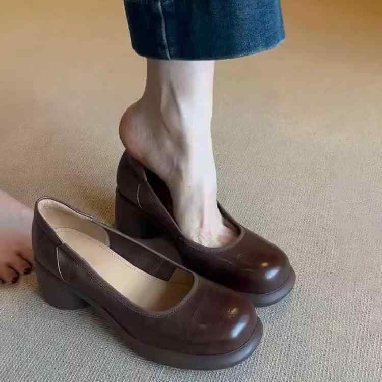 靴 レディース マリージェーンシューズ 丸 голов 超繊維 太めヒール スリッポン ローファー パンプス ラウンドトゥ 無地 春夏 秋冬 ブラック ブラウン...